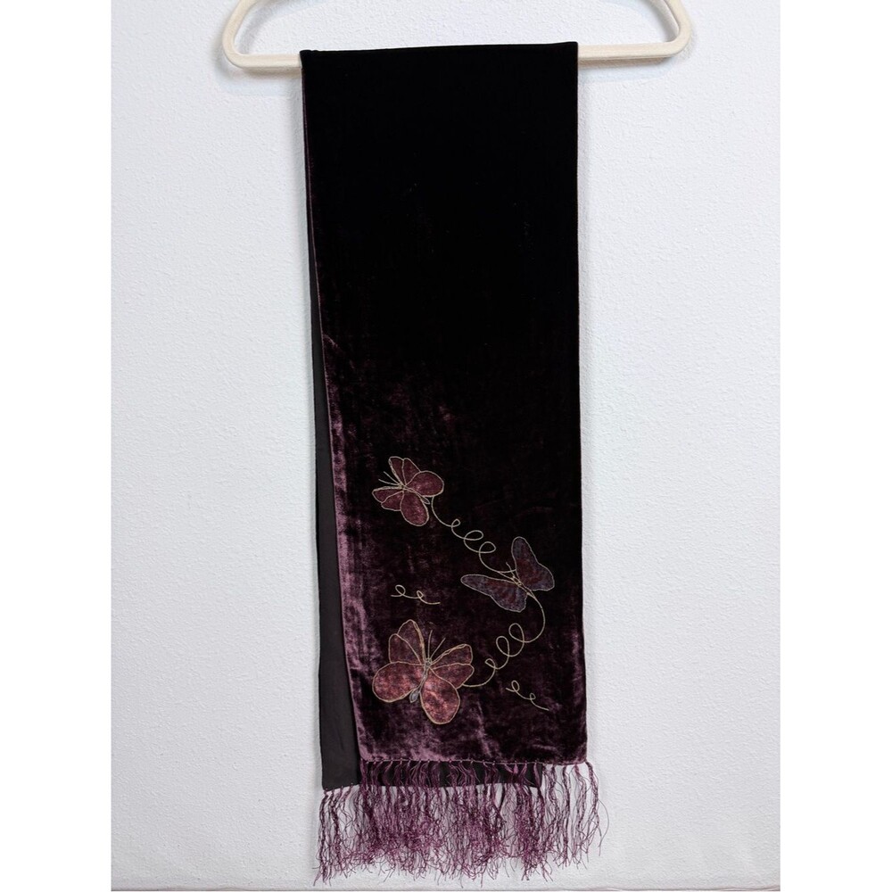 Hand-painted Plum Velvet Scarf with Butterflies & Fringe 60”